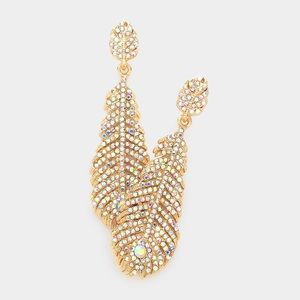 Rhinestone embellished feather evening earrings